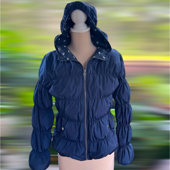 Bethany Mota Corrugated Puffer‎ Hood Jacket  Navy Blue Full Zip Size Medium EUC - Picture 1 of 7
